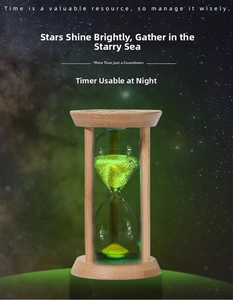 Luminous hourglass timer with glowing green sand and wooden frame for night use