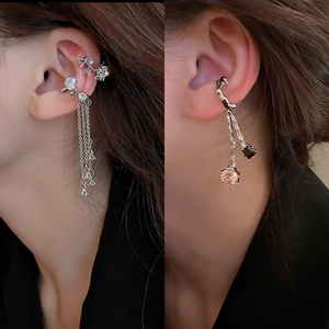 Elegant zircon butterfly tassel ear cuff set with silver leaf and multi-color stones