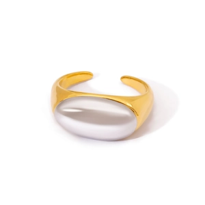 Minimalist gold stainless steel open ring with a large oval white cabochon stone