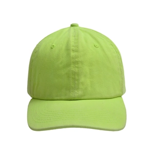 Detailed close-up of neon green cotton baseball cap with six-panel stitching and curved brim