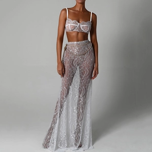 Detailed view of white lace two-piece set with bralette top and transparent maxi skirt