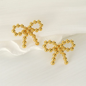 Bowknot Stud Earrings 18K Gold Plated Stainless Steel Beaded Texture Trendy Elegant Jewelry For Women Fashion Accessory