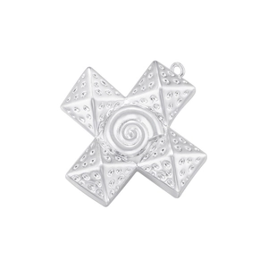 Detailed view of a silver hip-hop cross pendant featuring a unique spiral center design