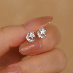 925 Sterling Silver Moon Star Stud Earrings For Women Shiny Rhinestone Micro Inlaid Dainty Minimalist Fashion Jewelry Ear Accessory