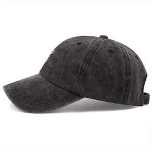 Vintage washed charcoal grey cotton baseball cap with adjustable strap and curved brim