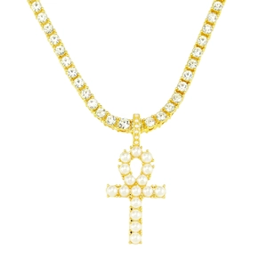 Gold Ankh cross necklace with pearls and rhinestones on a sparkling tennis chain