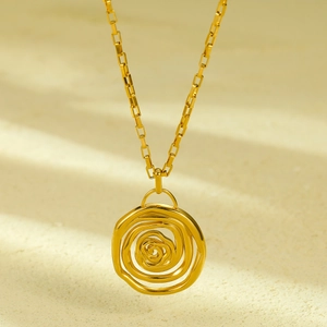 Elegant gold titanium steel necklace with a spiral rose textured round pendant