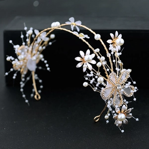 Elegant bridal floral headband with white flowers pearls and crystals in gold wire