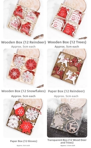 Detail of 12pcs laser-cut wooden Christmas ornaments with snowflakes and reindeer patterns