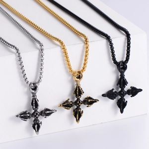 Three-color Vajra cross necklaces in gold silver and black on geometric white bases