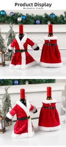 Detail view of red velvet Christmas wine bottle covers with white fur trim and belt