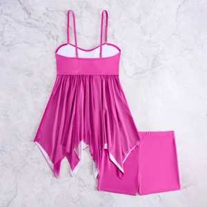 Detail view of pink tankini set with layered mesh skirt and matching swim shorts