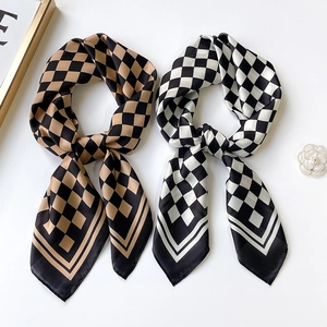 Fashionable checkerboard silk satin neck scarves in beige and white grid patterns