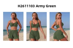 Three-angle views of army green two-piece swimsuit with lace-up top and high waist bottom