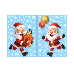 Christmas window stickers with 3D Santa, penguin and snowflakes on a blue background