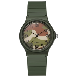 Army green quartz watch for kids with camouflage dial and silicone strap on white background