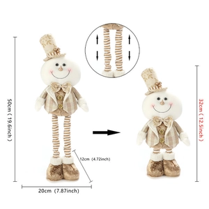 Detailed view of telescopic plush snowman doll showing height adjustment from 32cm to 50cm