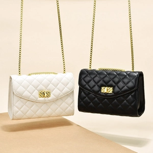 Women Quilted Crossbody Bag PU Leather Rhombus Pattern Golden Chain Strap Fashion Shoulder Bag Simple Elegant All Match
