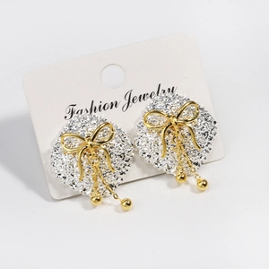 French minimalist geometric bow tassel earrings in gold and silver plating