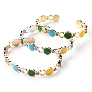 Colorful Enamel Stainless Steel Bangle Bracelet For Women C-Shaped Open Circular Chain With Rhinestone Chic Boho Jewelry