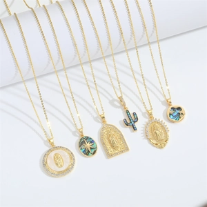 Set of gold Virgin Mary and cactus pendant necklaces with pearl shell and zircon accents