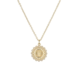 Gold plated brass Virgin Mary necklace with zircon halo and geometric lace detail