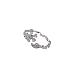 Adjustable silver copper ring with zircon flower and hollow leaf in a wave design