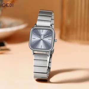 Elegant women's square silver watch with a sunray blue dial and stainless steel strap