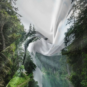 Close-up detail of soft forest tapestry fabric with high-definition digital landscape print