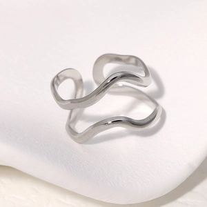 Minimalist double-layer wavy open ring in polished silver stainless steel for women