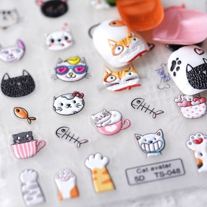 Detailed macro view of 5D embossed cat and paw print nail art stickers model TS-048