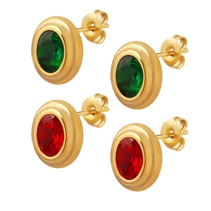 Pendientes vintage de titanio chapado en oro con piedras de circonita roja y verde