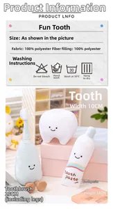 Detailed size chart for plush tooth, toothbrush, and toothpaste toys in polyester