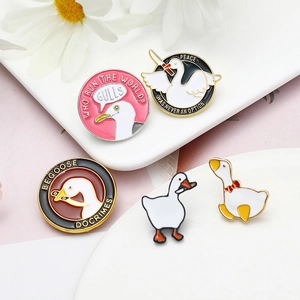 Funny cartoon swan and seagull enamel pins with meme quotes for clothing and bags
