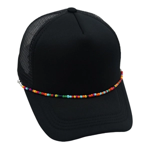 Black mesh trucker hat with colorful beaded chain detail for summer beach style