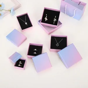Pearlescent Gradient Jewelry Gift Case Cardboard Packaging Case For Necklace Earring Ring Display Storage Pink Blue