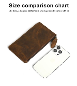 Brown crazy horse leather wallet size comparison with a smartphone on white background