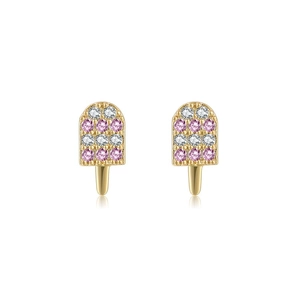 Lollipop ice cream stud earrings with pink and white cubic zirconia in 18K gold plating