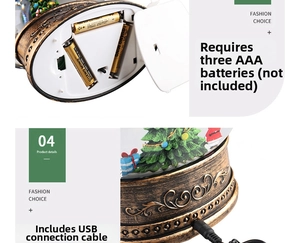 Dual power options detail for Christmas music box showing USB port and AAA battery compartment