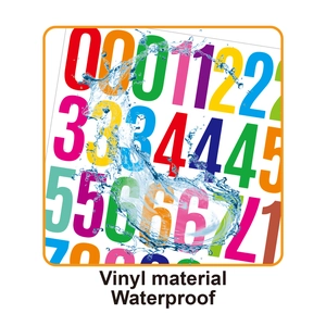 Waterproof vinyl 2-inch colorful number stickers with water splash showing durability