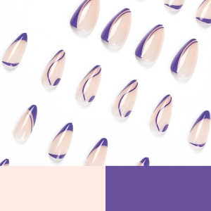 Almond-shaped press-on nails featuring purple French lines and minimalist design