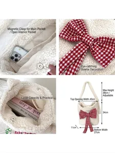White faux shearling shoulder bag with red plaid bow and magnetic closure detail