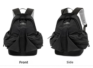 Front and side view of black waterproof nylon backpack with breathable shoulder straps
