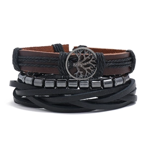 Multilayer leather bracelet set with tree of life charm and beads in retro style