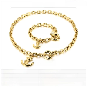 Detail of nautical gold stainless steel jewelry set with anchor pendant and size specs