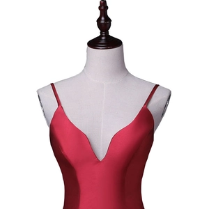 Elegant red satin mermaid evening gown with spaghetti straps and deep V-neckline