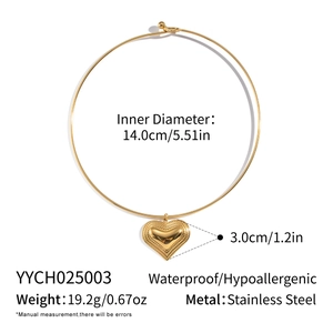 Detail view of golden heart choker with size dimensions and stainless steel material info