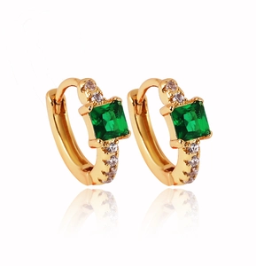 Gold plated hoop earrings featuring a square green gemstone and white crystal accents