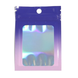 Detail view of holographic laser pouch with transparent window and hanging hole design