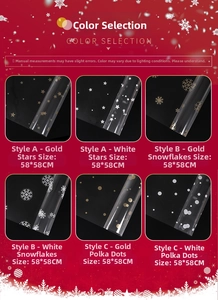 Detailed views of 58x58cm Christmas cellophane with gold and silver snowflake patterns